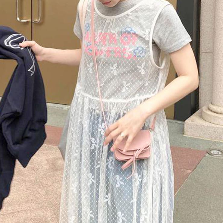 リボン柄シアーノースリーブワンピース[品番：PVBW0009134