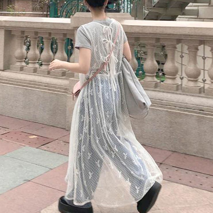 リボン柄シアーノースリーブワンピース[品番：PVBW0009134