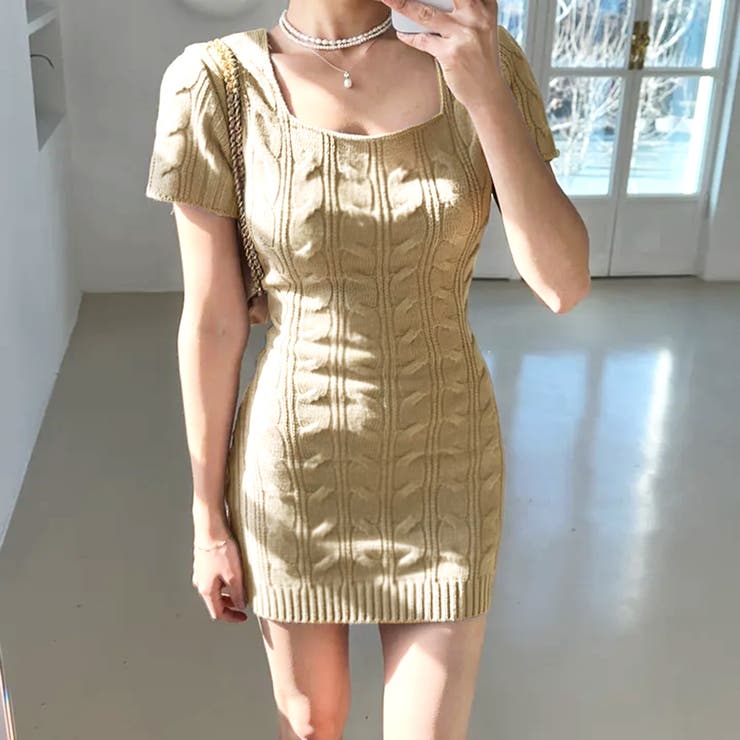 ケーブル編みニット半袖ミニワンピース[品番:PVBW0009033 ケーブル編みニット半袖ミニワンピース[品番:PVBW0009033