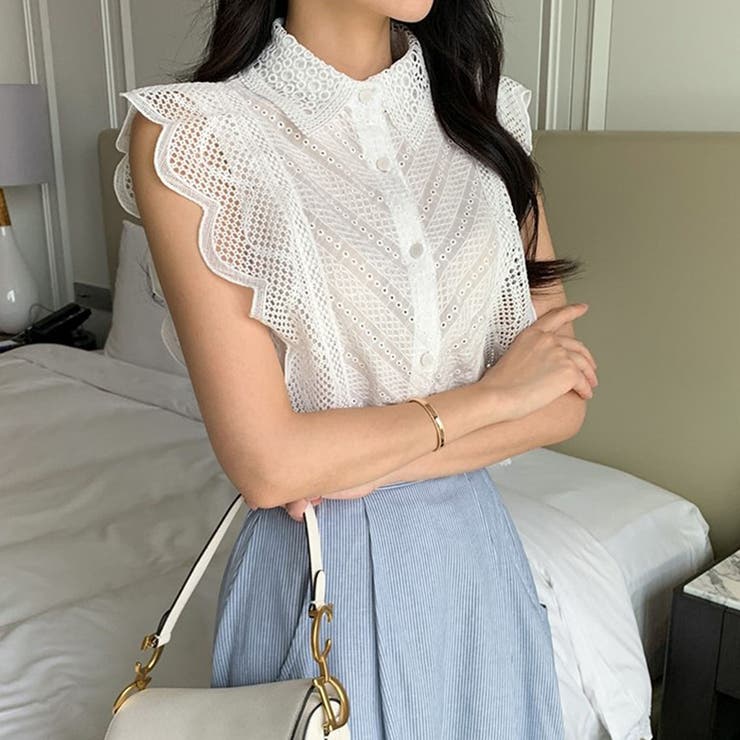 フリルレースノースリーブブラウス[品番：PVBW0009122]｜privatebeach  