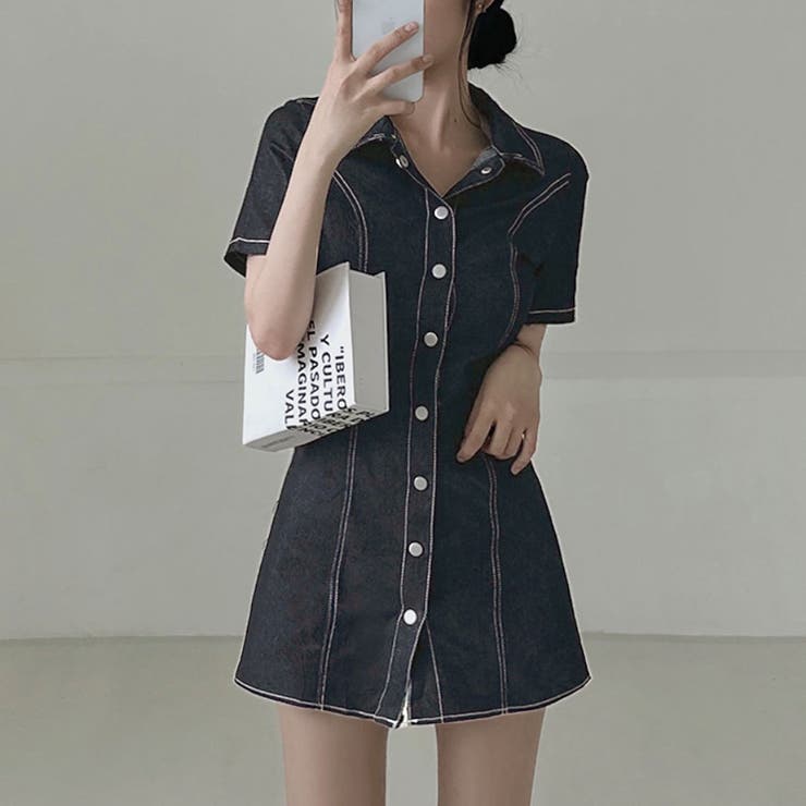 ☆半袖☆デニム シャツ ミ二丈 ワンピース パーティ ドレス デニム半袖シャツミニワンピース[品番:PVBW0009114
