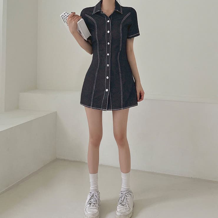 ☆半袖☆デニム シャツ ミ二丈 ワンピース パーティ ドレス デニム半袖シャツミニワンピース[品番：PVBW0009114
