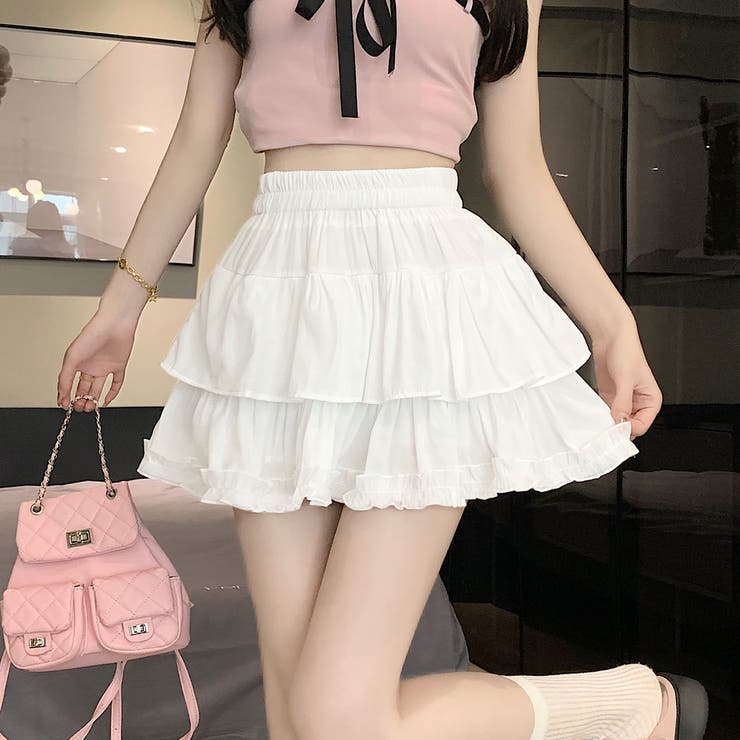 SIIILON♡フリル付き両横スリットスカート　ウエストゴム 10color／裏地付 】アシメフリルシースルーボリュームチュール