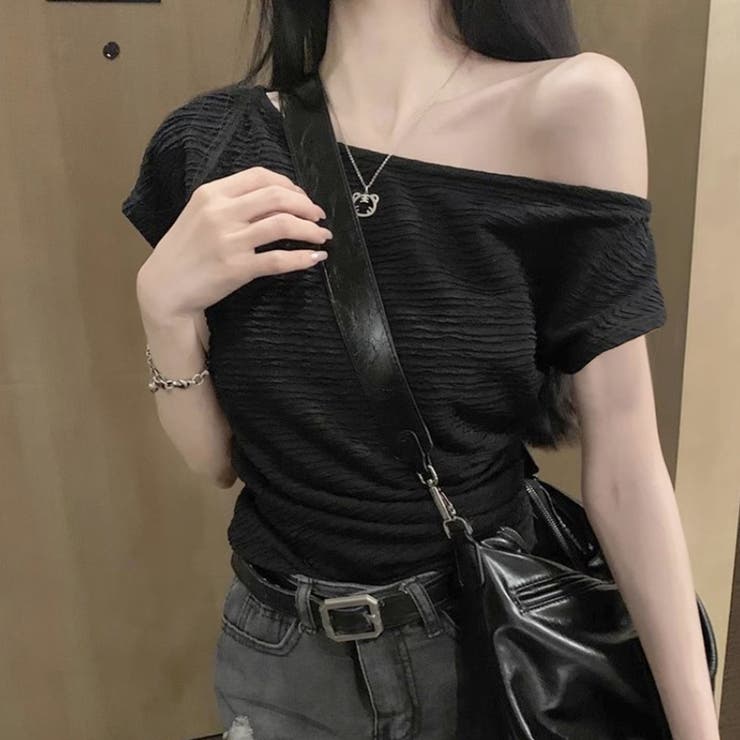 ブラック | サイドシャーリングワッシャー半袖トップス | privatebeach