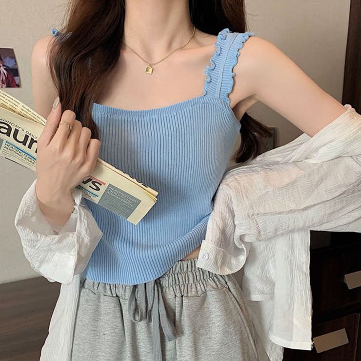 VIVI♡POPO　リブ編み ブラック タンクトップおまとめ商品 フリルリブ編みニットタンクトップ[品番：PVBW0009169]｜privatebeach