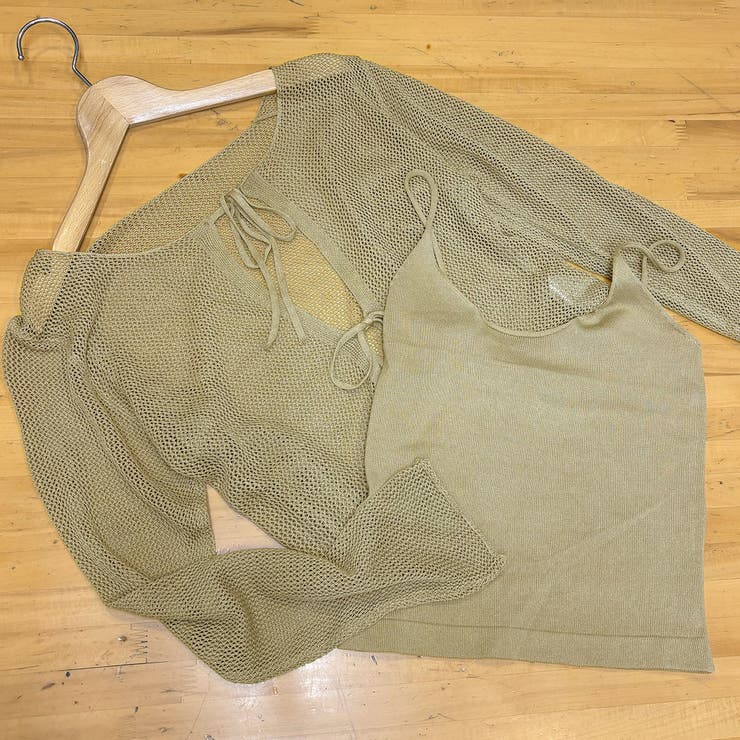 ワンダフルワールド カーディガン&キャミソール 2点セット フロントリボン透かし編みカーディガン＆キャミソール