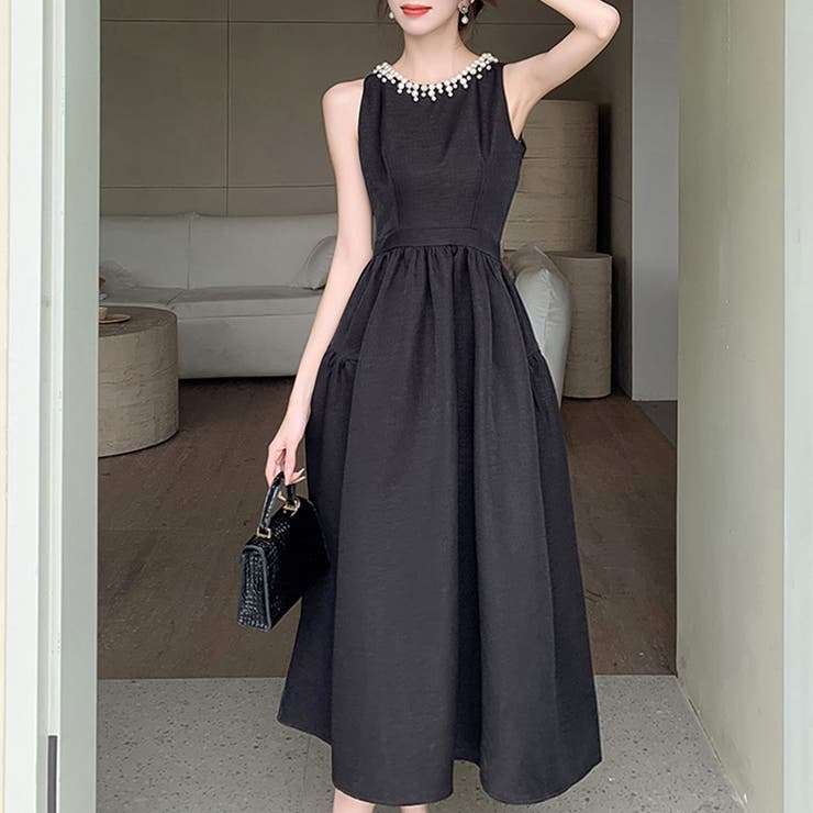 パール付きウエストマークドレスワンピース[品番：PVBW0009184  