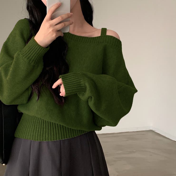 カーキ | アシンメトリーオフショルダーニットトップス | privatebeach