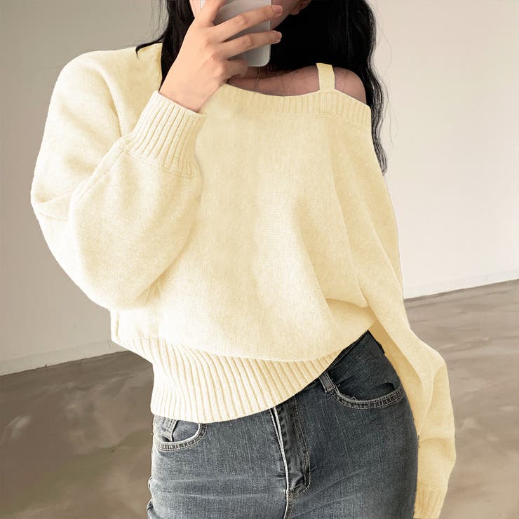 オフホワイト | アシンメトリーオフショルダーニットトップス | privatebeach