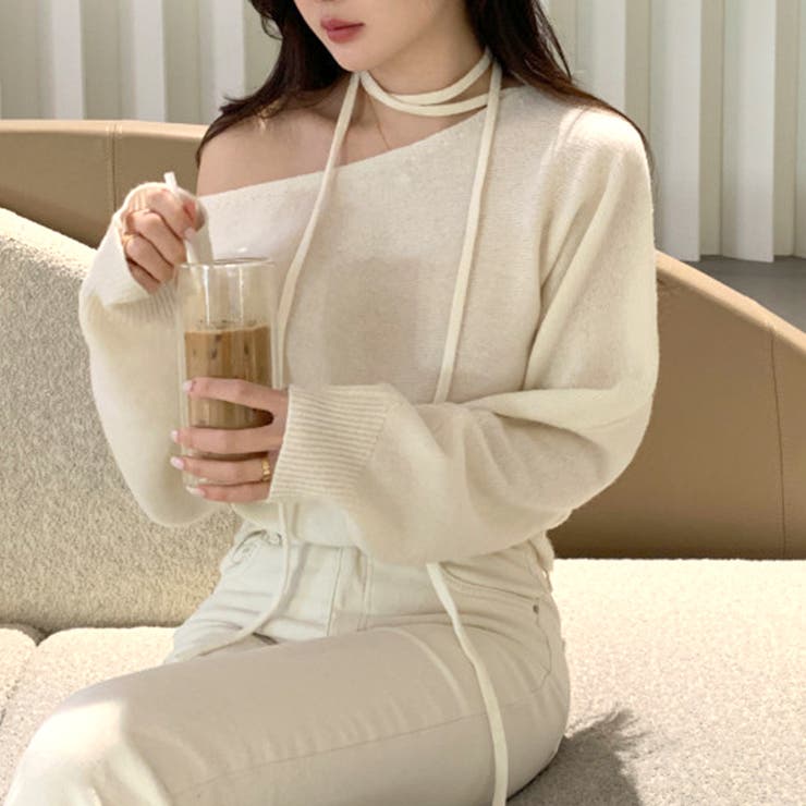 リボンレースアップオフショルダーニットトップス | privatebeach | 詳細画像4 