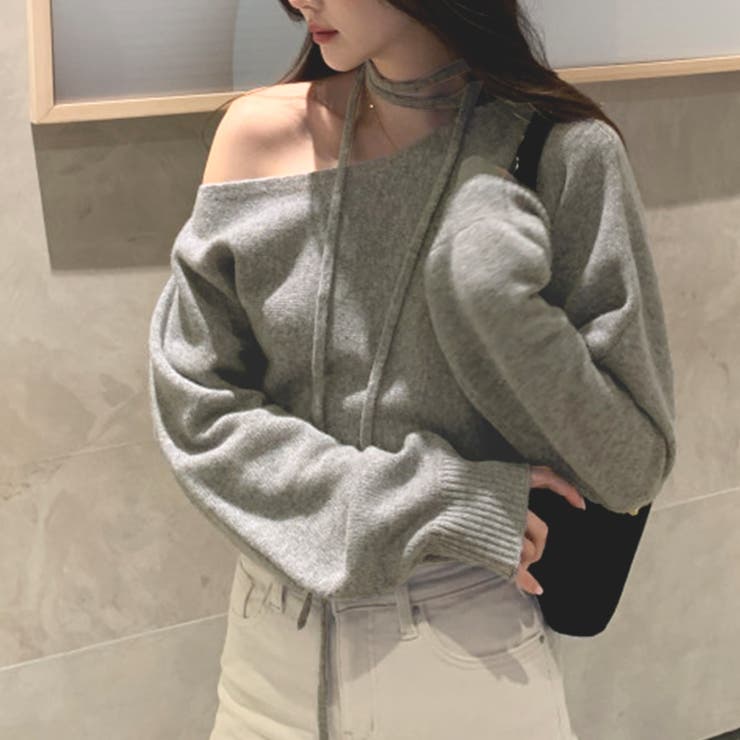 リボンレースアップオフショルダーニットトップス | privatebeach | 詳細画像8 