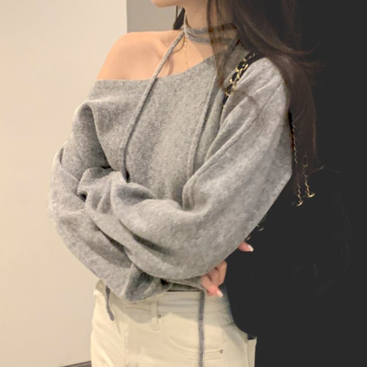 グレー | リボンレースアップオフショルダーニットトップス | privatebeach