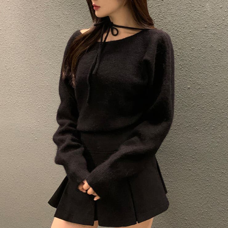 ブラック | リボンレースアップオフショルダーニットトップス | privatebeach