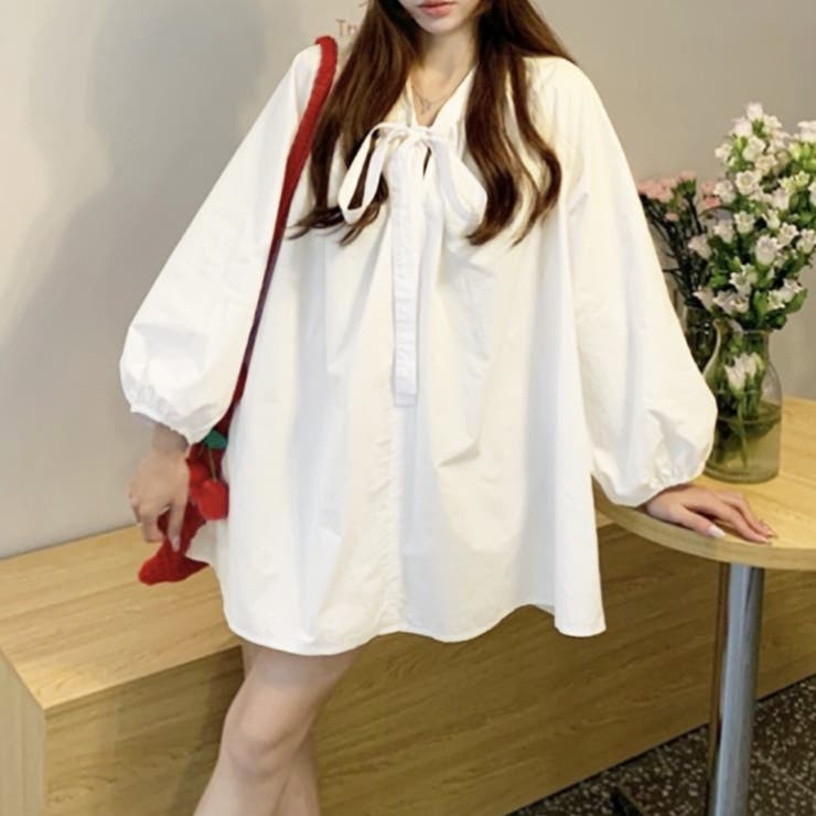 リボンタイボリュームスリーブチュニック丈ブラウス | privatebeach | 詳細画像1