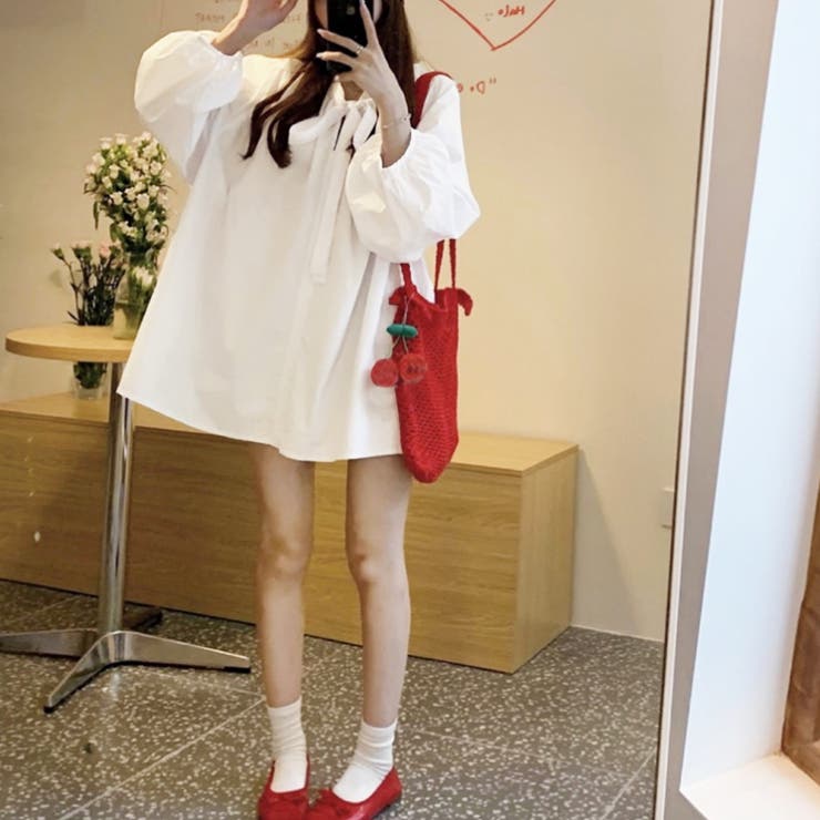 リボンタイボリュームスリーブチュニック丈ブラウス | privatebeach | 詳細画像3