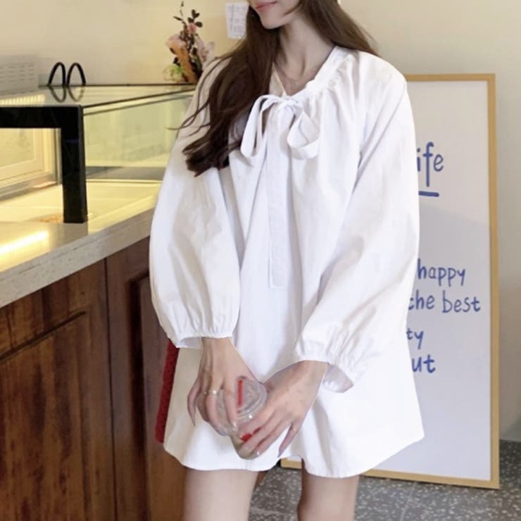 リボンタイボリュームスリーブチュニック丈ブラウス | privatebeach | 詳細画像5