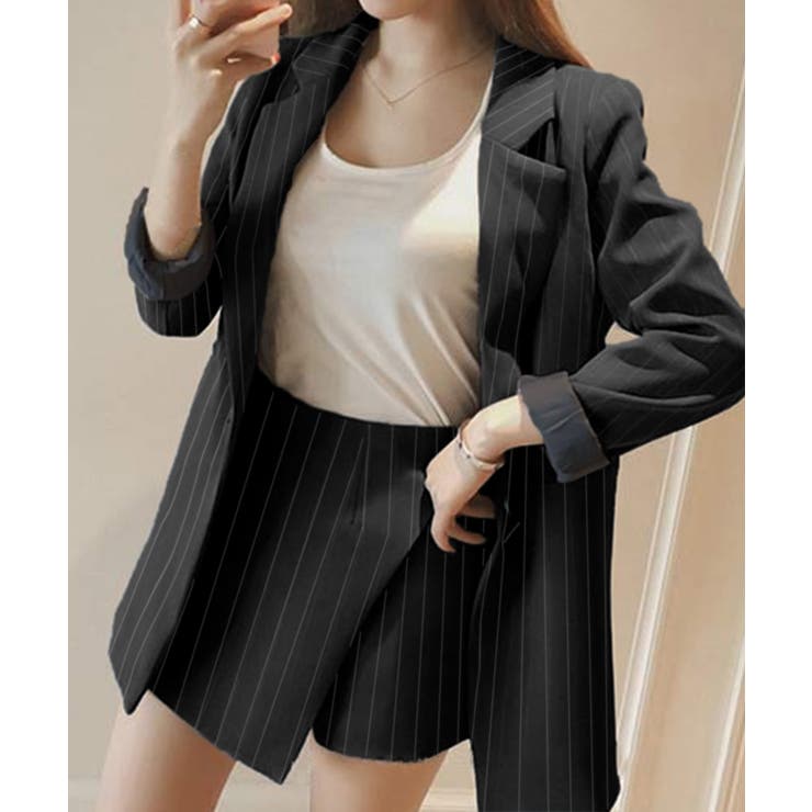 ブラック | 2点セットアップ ストライプ柄テーラードジャケット＆スカパン | privatebeach