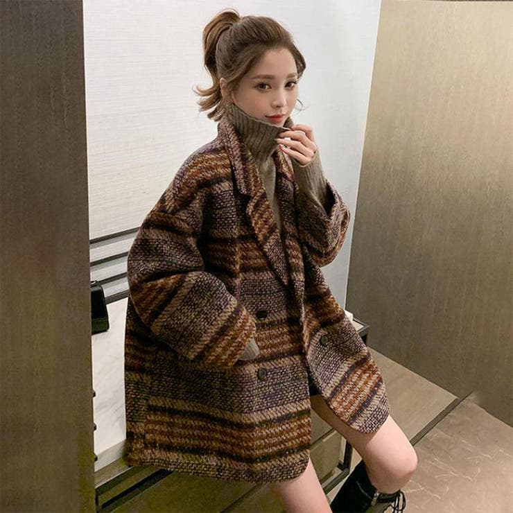 LLサイズ追加】マルチチェック柄ショートテーラーコート[品番