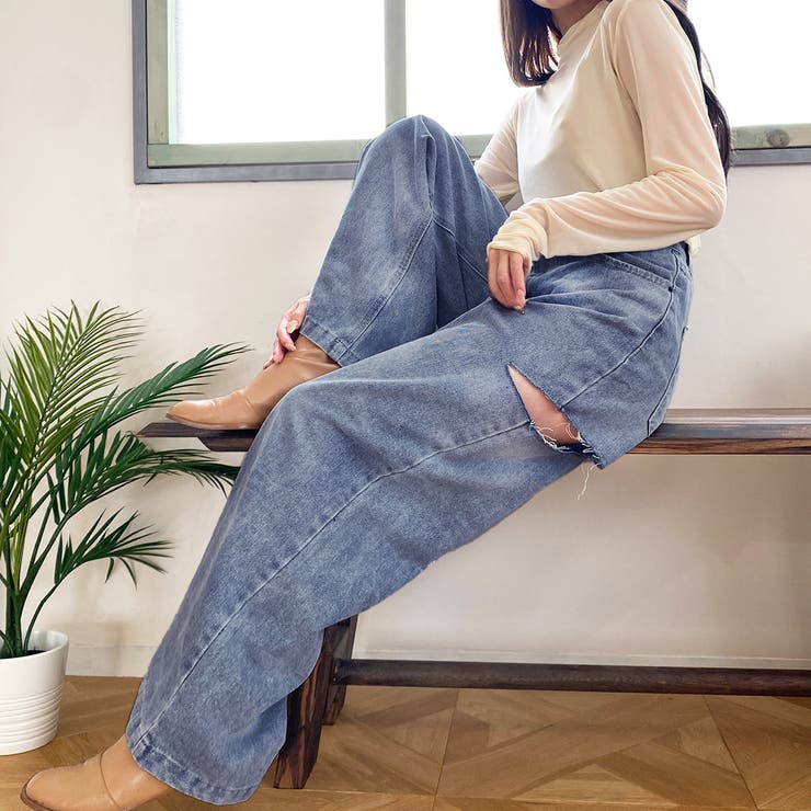 ブルーデニム ストレートパンツ フェード加工 脇破れ加工デニムストレートパンツ[品番：PVBW0008458