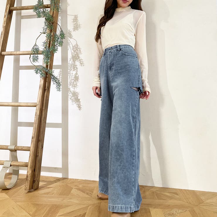 トリム　グラデーションデニム ストレートパンツ　ダメージ加工　牛革　32 脇破れ加工デニムストレートパンツ[品番：PVBW0008458