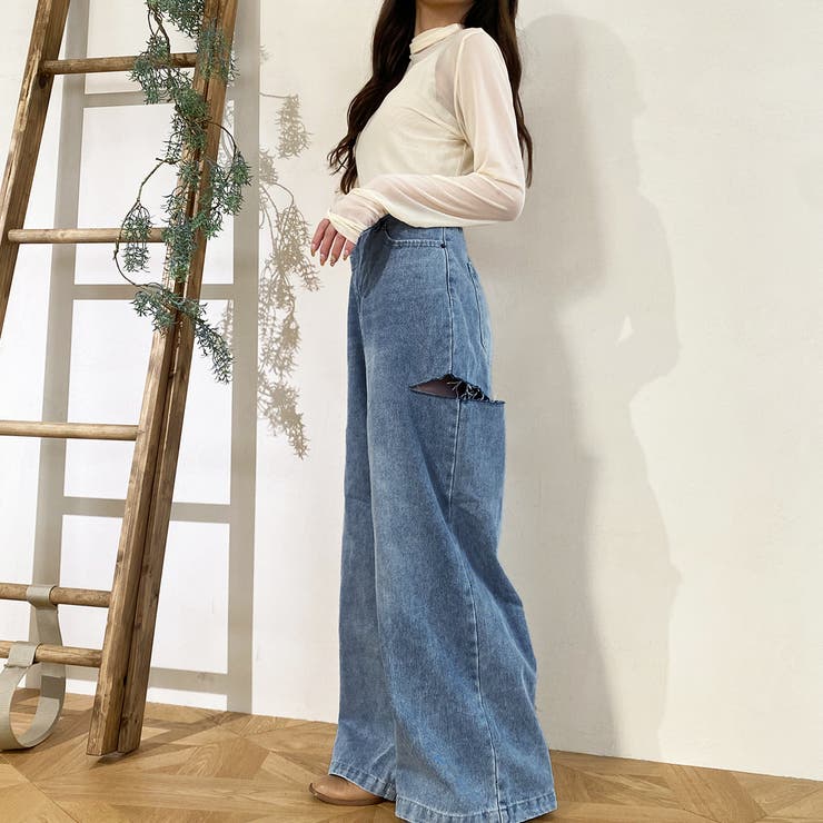 ブルーデニム ストレートパンツ フェード加工 脇破れ加工デニムストレートパンツ[品番：PVBW0008458