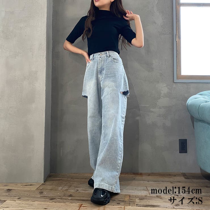 脇破れ加工デニムストレートパンツ[品番：PVBW0008458