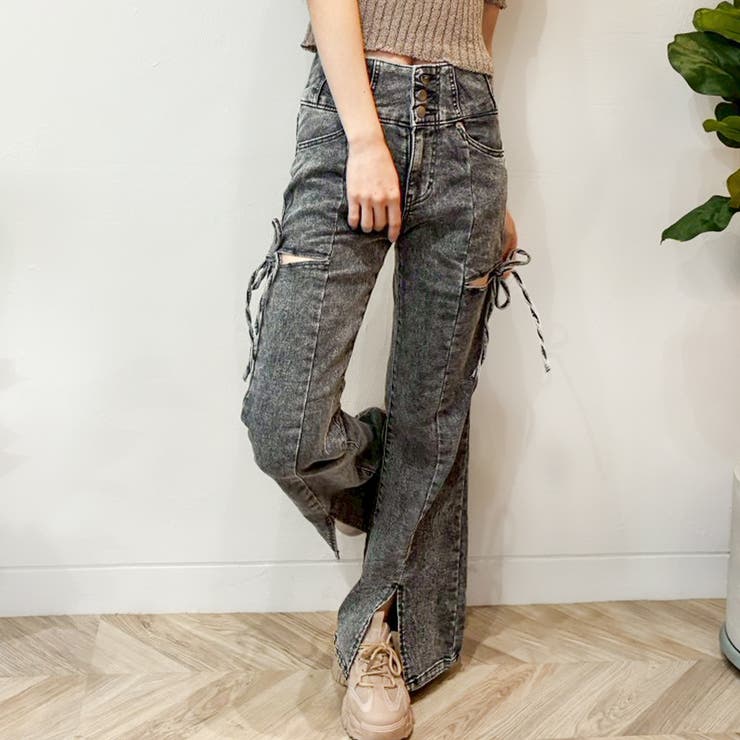 サイドリボンカットアウトハイウェストスリットデニムフレアパンツ | privatebeach | 詳細画像1 