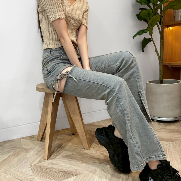 サイドリボンカットアウトハイウェストスリットデニムフレアパンツ | privatebeach | 詳細画像13 