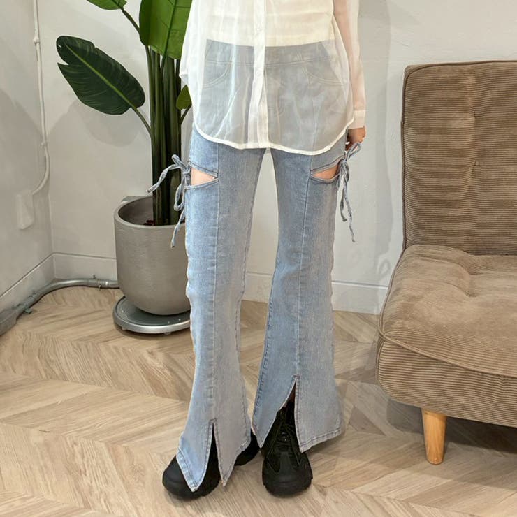 サイドリボンカットアウトハイウェストスリットデニムフレアパンツ | privatebeach | 詳細画像2 