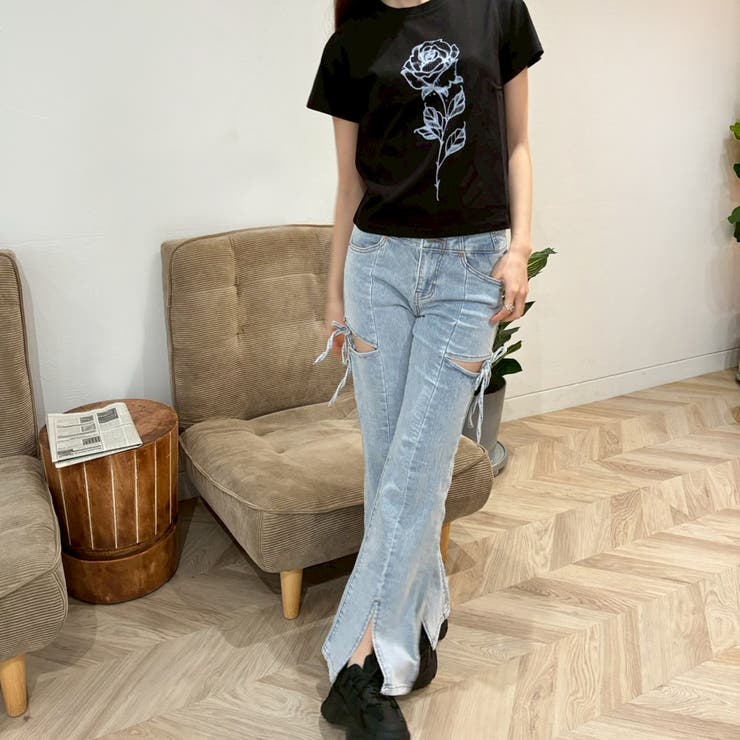 サイドリボンカットアウトハイウェストスリットデニムフレアパンツ | privatebeach | 詳細画像5 