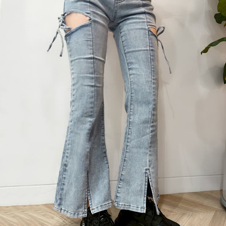 サイドリボンカットアウトハイウェストスリットデニムフレアパンツ | privatebeach | 詳細画像6 