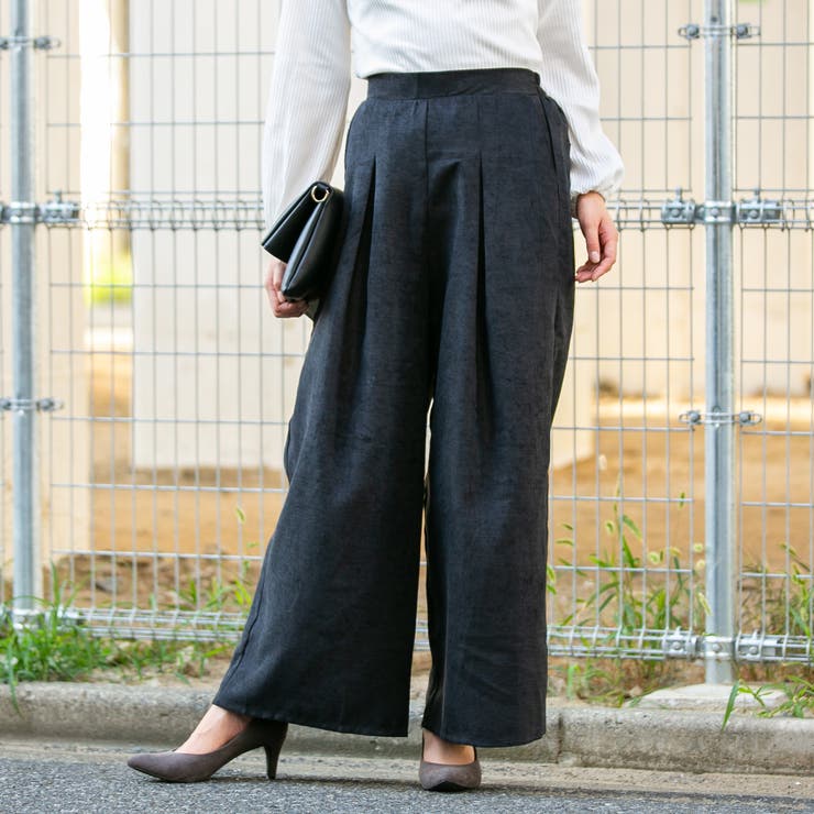 ヨガパンツ　カジュアルパンツ　ウエストゴム　ポケット　黒　ブラック　タイダイ ソフトライスコールテン ボックスタック入りハイウエストワイドパンツ