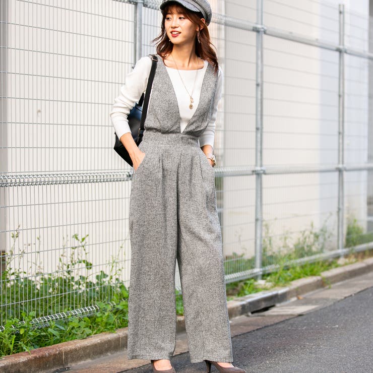 ツイード 深Vあきサロペットパンツ[品番：PPNW0000875]｜Pumpkin