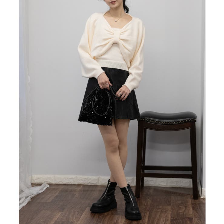 NOMAE リボンキャミボレロアンサンブルニット　黒　ブラック リボンキャミボレロアンサンブルニット（ニット/セーター