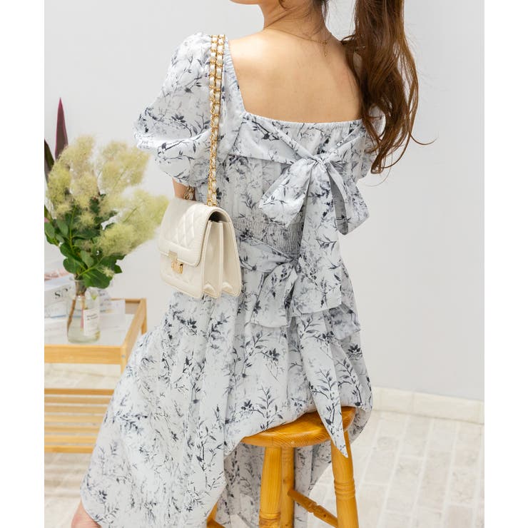 半袖 花柄 ワンピース 華やか ボリューム袖 Aライン フレア 素敵 ドレスプラス DRESS+ ワンピース 花柄 半袖 ミモレ丈 フレア