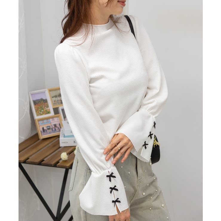 袖口リボン ワッフル ボトルネック ロンT トップス[品番：PPNW0004468