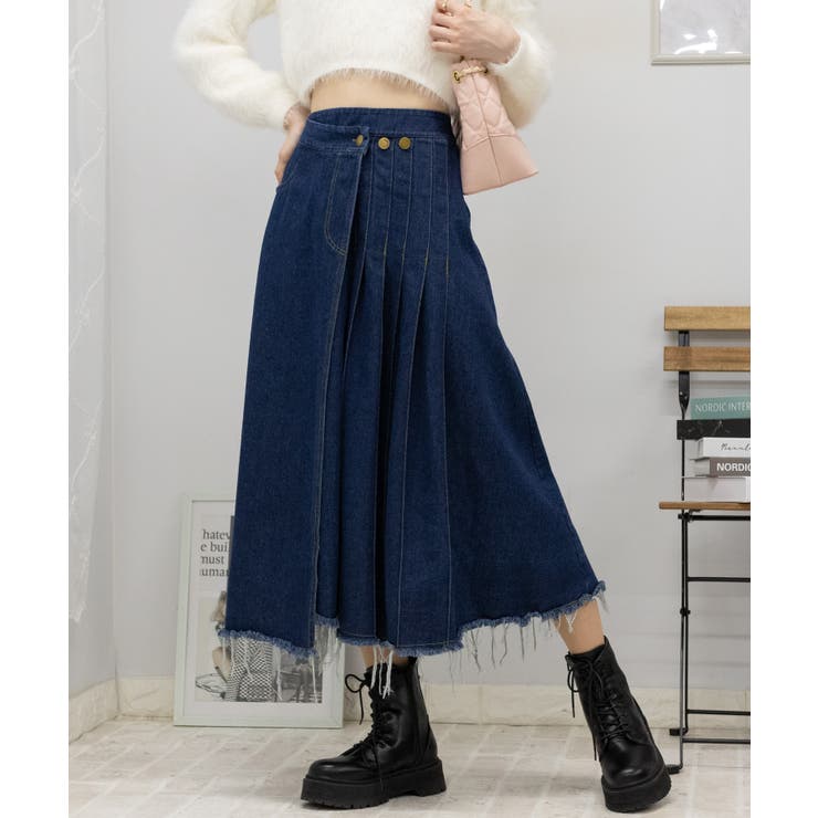 デニムサイドプリーツ ラップダメージスカート[品番:PPNW0004519 デニムサイドプリーツ ラップダメージスカート[品番:PPNW0004519