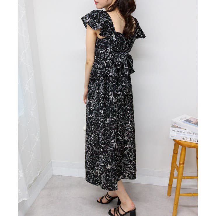 バックリボン スクエアネック 花柄ロングワンピース[品番