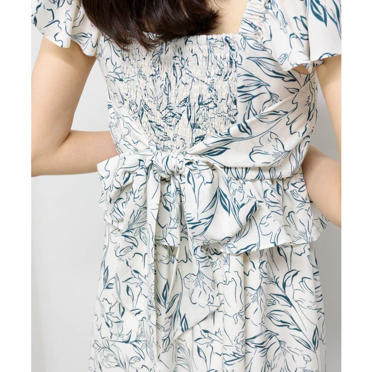 バックリボン スクエアネック 花柄ロングワンピース[品番：PPNW0004866