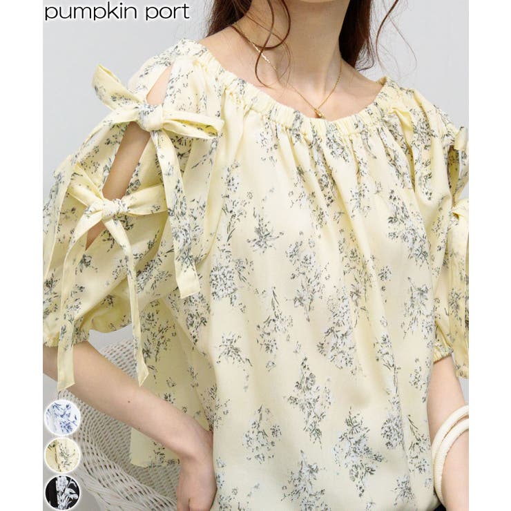 肩Wリボン 花柄半袖 プルオーバーブラウス | Pumpkin  Port | 詳細画像1 