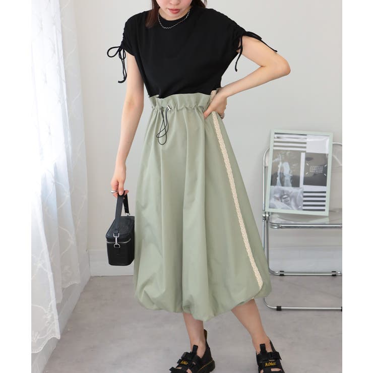 リブTシャツ×バルーンスカート ドッキングワンピース[品番
