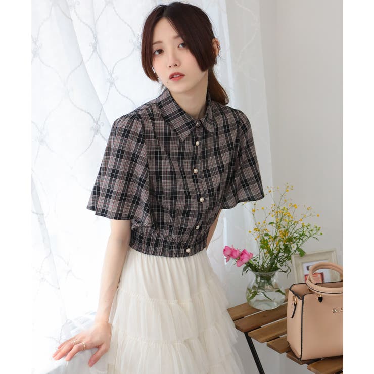 フレア袖 チェック柄 ショート丈 半袖ブラウストップス[品番