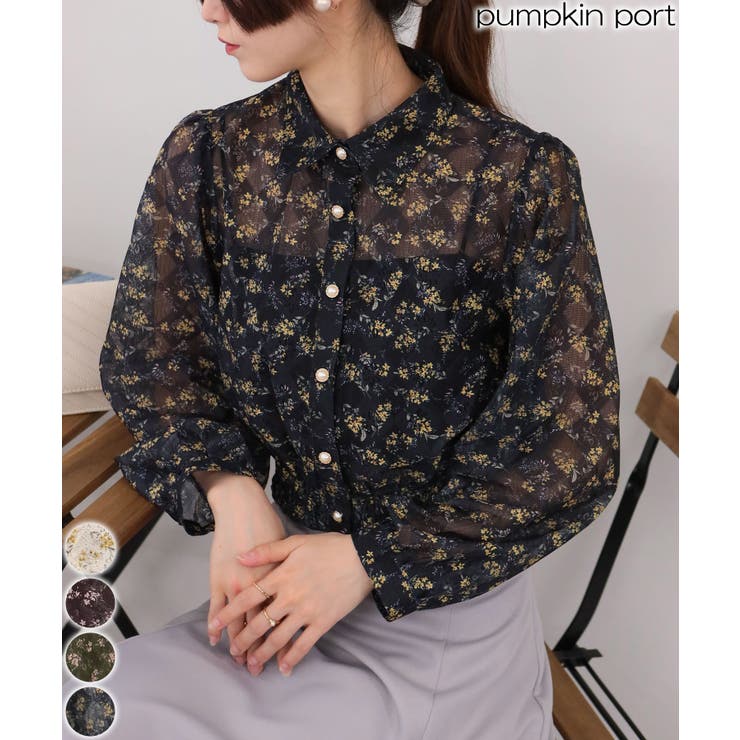 小花柄 裾シャーリング クロップド丈 長袖ブラウス | Pumpkin  Port | 詳細画像1 