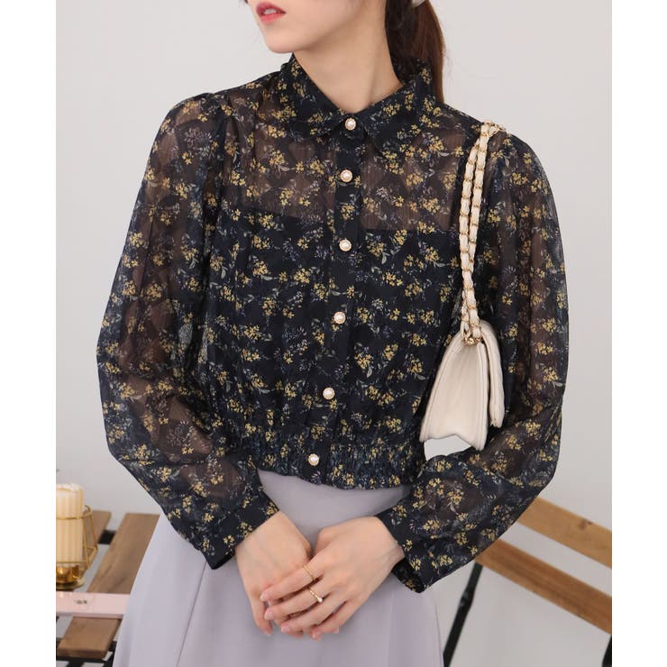 小花柄 裾シャーリング クロップド丈 長袖ブラウス | Pumpkin  Port | 詳細画像14 