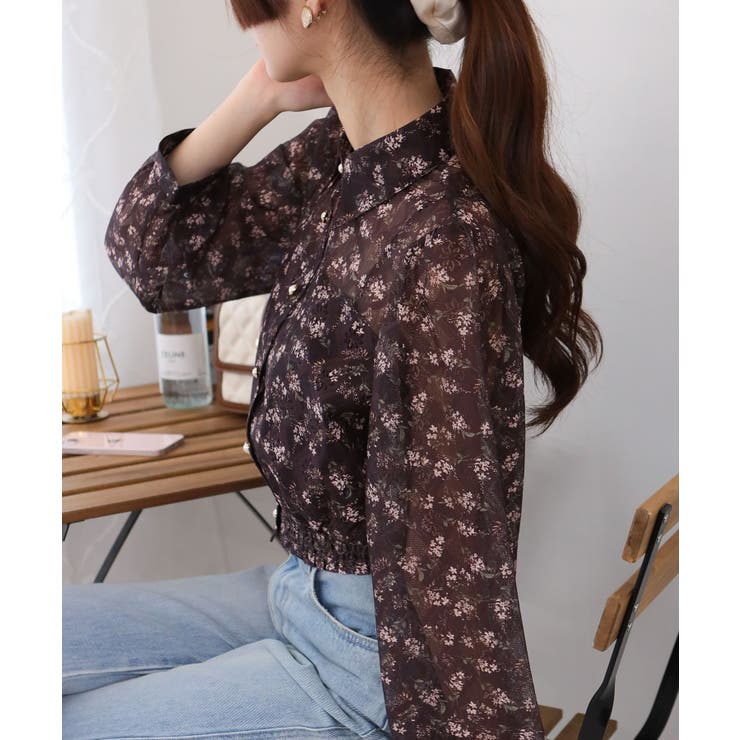 小花柄 裾シャーリング クロップド丈 長袖ブラウス | Pumpkin  Port | 詳細画像5 