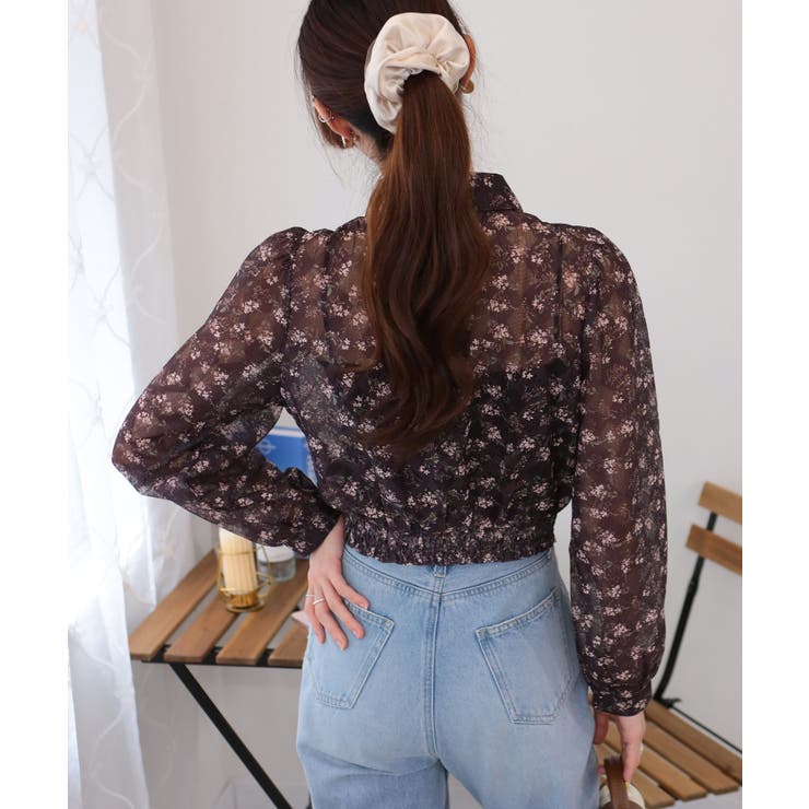 小花柄 裾シャーリング クロップド丈 長袖ブラウス | Pumpkin  Port | 詳細画像6 