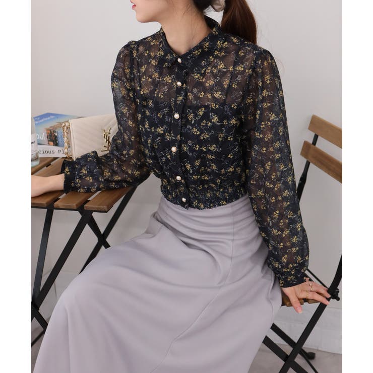 小花柄 裾シャーリング クロップド丈 長袖ブラウス | Pumpkin  Port | 詳細画像8 