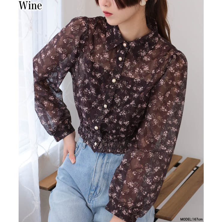 ワインレッド | 小花柄 裾シャーリング クロップド丈 長袖ブラウス | Pumpkin  Port