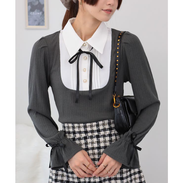 サテンリボンブラウス+リブカットソードッキング 長袖トップス | Pumpkin  Port | 詳細画像10 