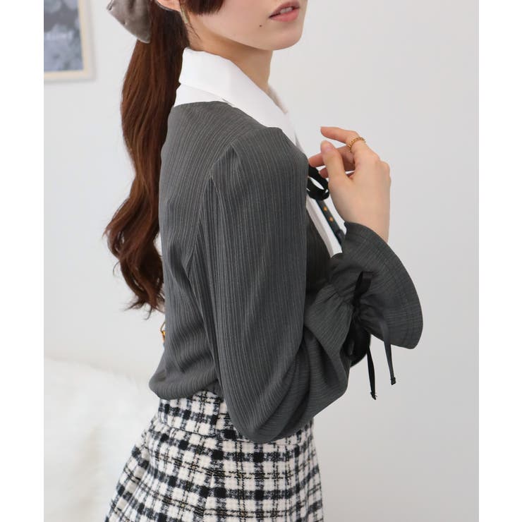 サテンリボンブラウス+リブカットソードッキング 長袖トップス | Pumpkin  Port | 詳細画像12 